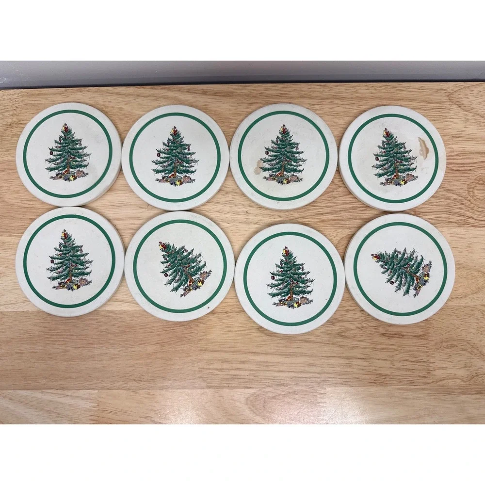 Spode Christmas Tree Spoon Rest/ 8 Cork Backed Coasters Set Holiday Kitchen #68